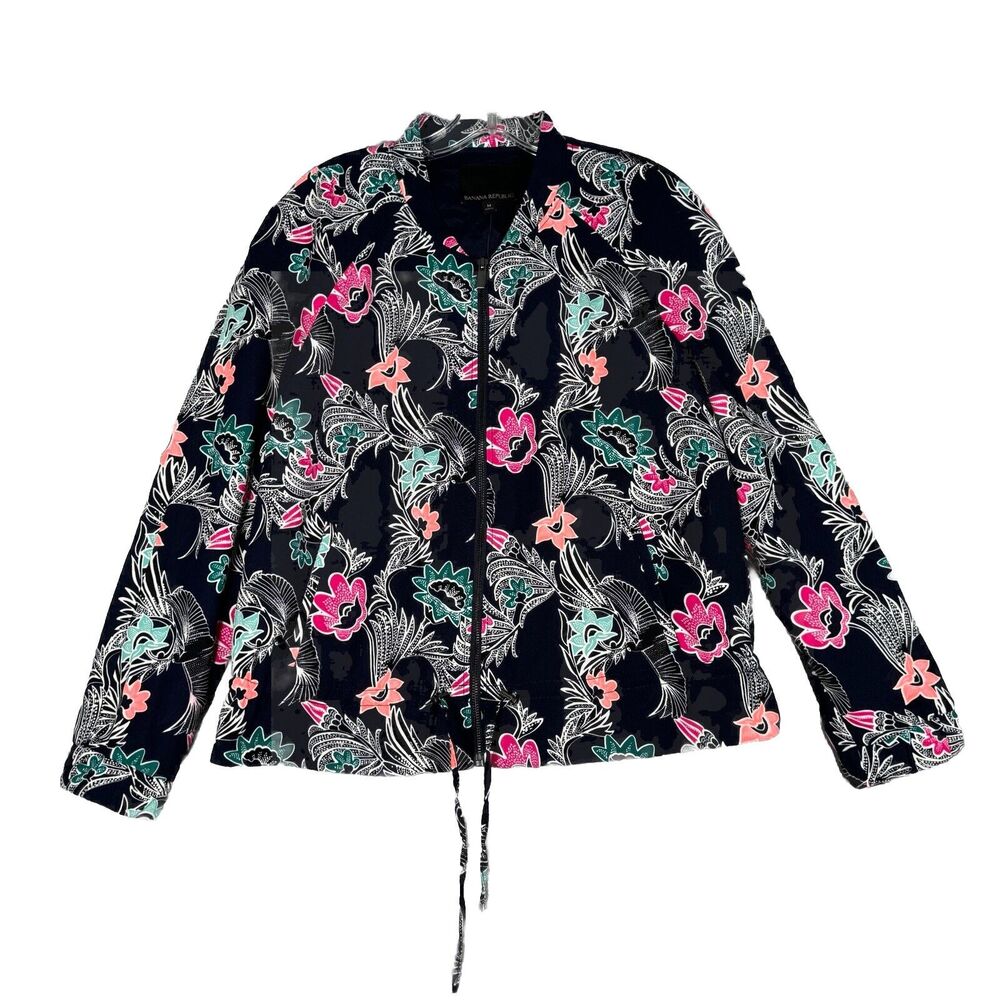 Banana Republic Jacket Womens Medium Black Pink Bird Print Drapery Bomber Casual